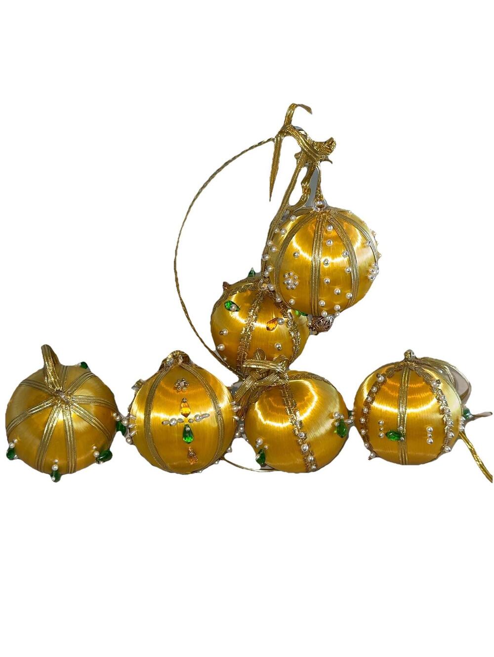 Jeweled Vintage Satin Wrapped Gold Pushpin Ball Ornament Handmade Green Pearls 6